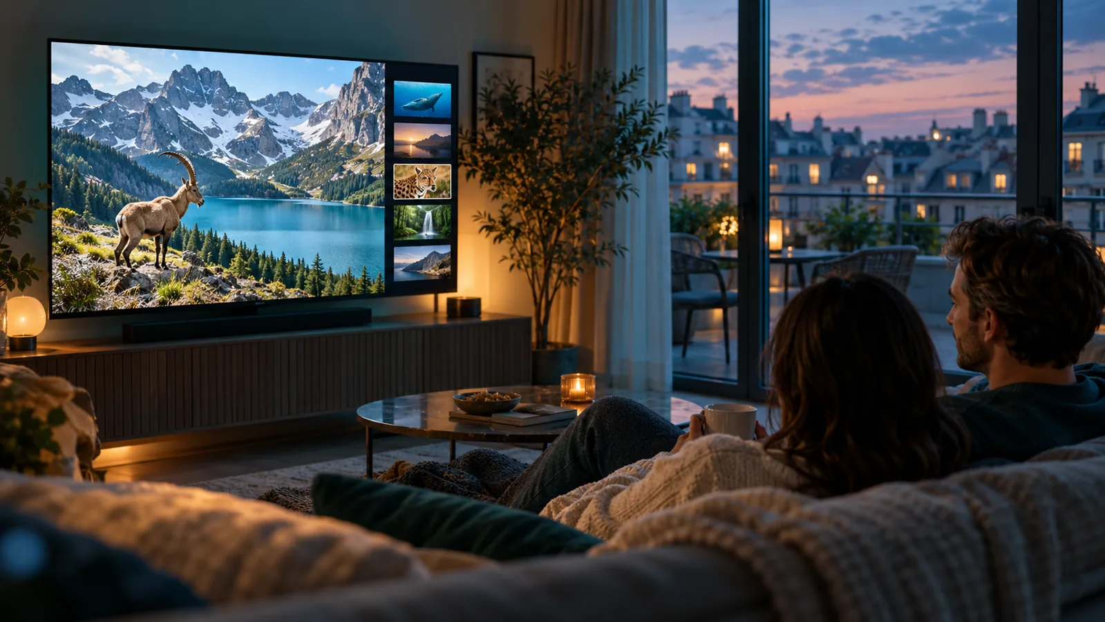 Europäisches Wohnzimmer mit IPTV-Naturdokumentation auf dem Fernseher