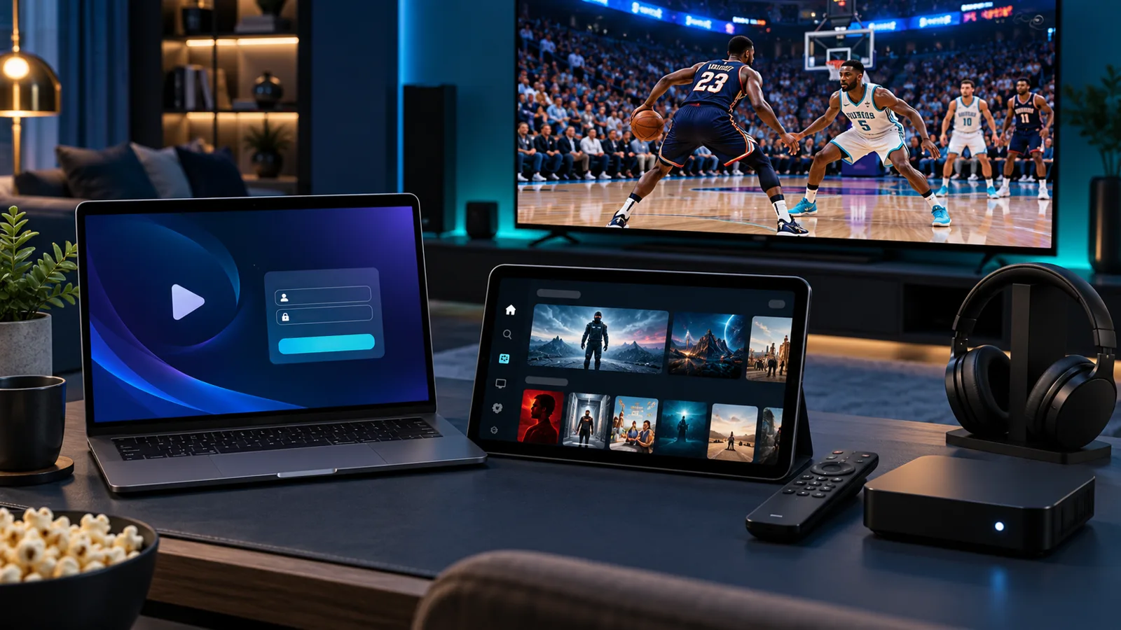 IPTV player setup displayed on a laptop and tablet