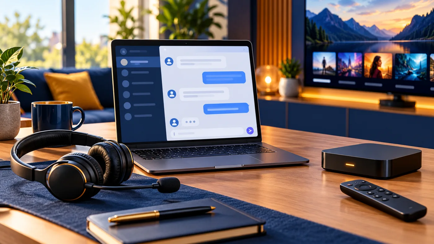 A tidy customer support desk with laptop, headset and streaming remote
