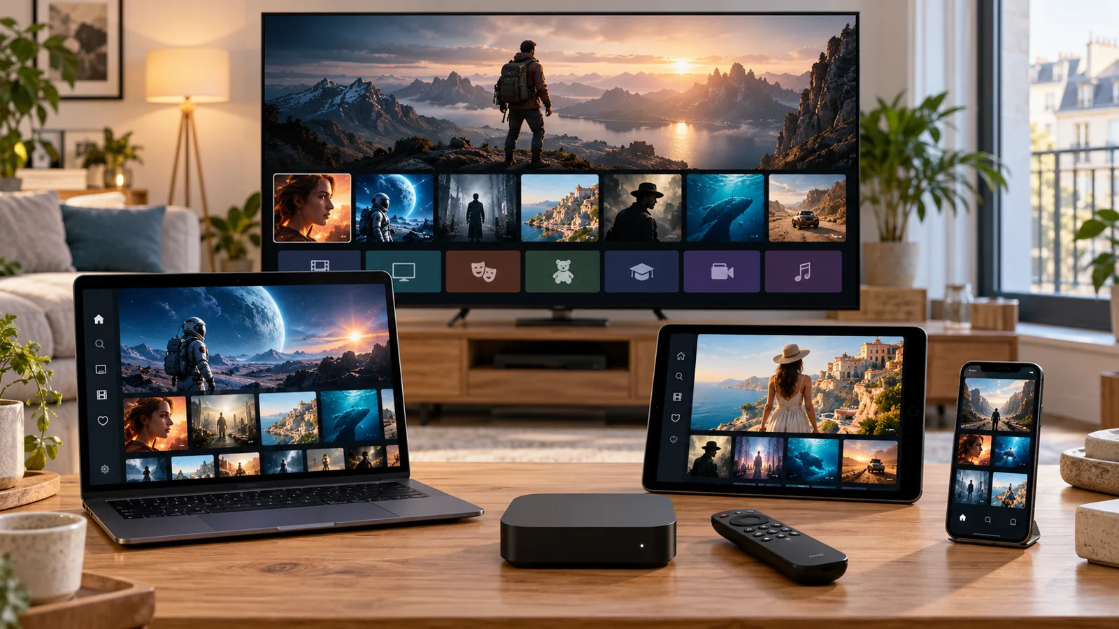 Movie-library interface on a television, tablet and phone in a European home