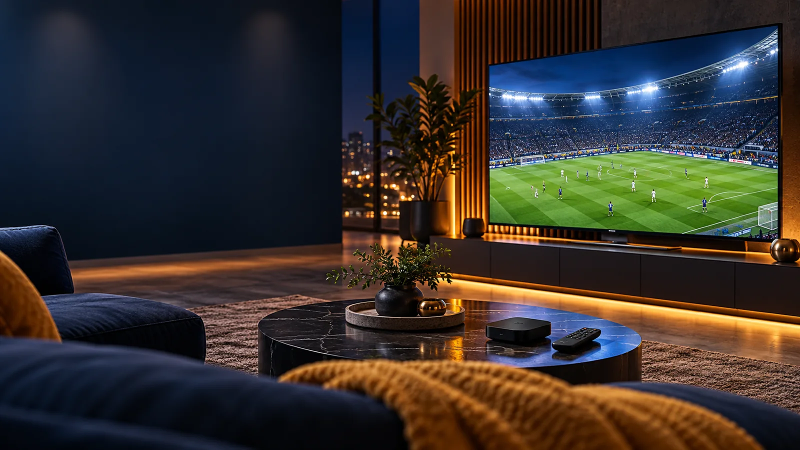 Fernseher mit einer originellen Fußballszene im Wohnbereich