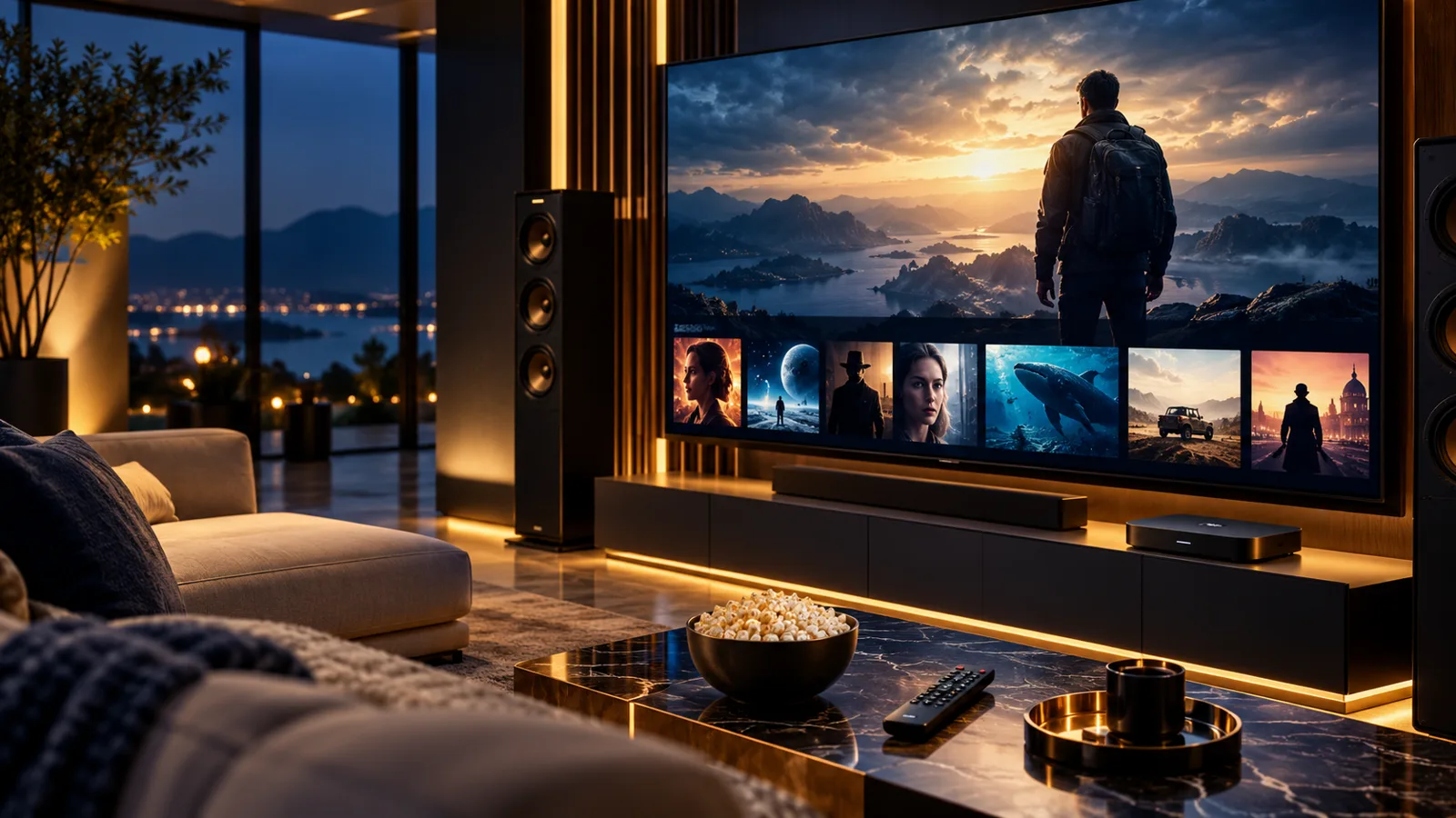 A welcoming living room with television and a cinematic evening scene