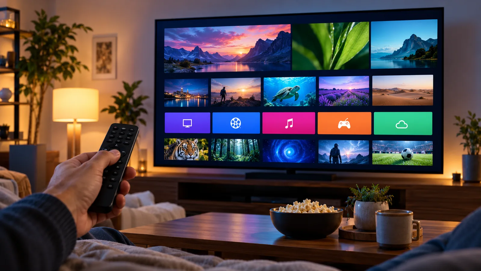 An IPTV player category screen on a television with a remote in the foreground