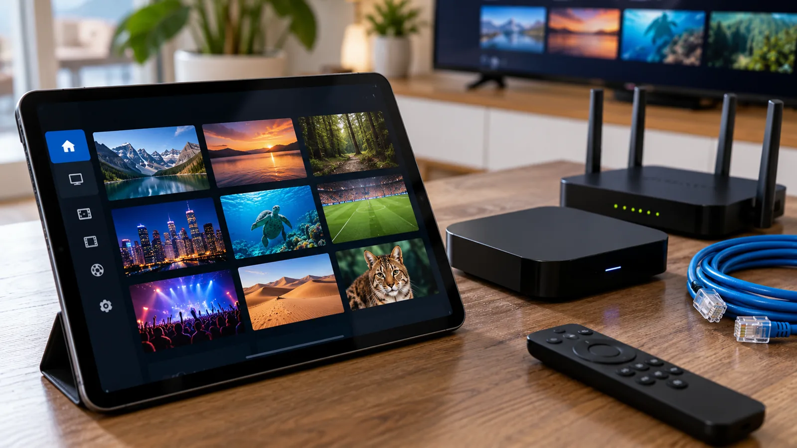 An IPTV tablet, streaming box, router and Ethernet cable in an installation workspace