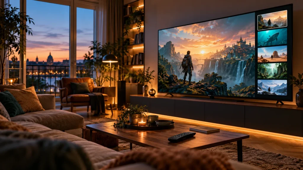 A home television displaying IPTV entertainment in a European living room