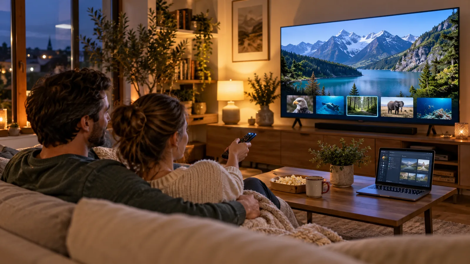 A couple watching a documentary with a laptop nearby in a European living room