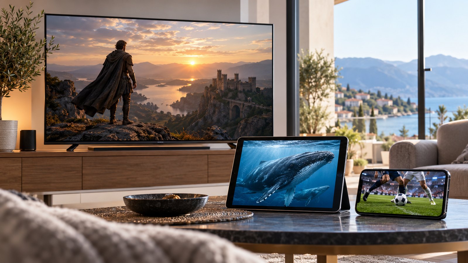 A television, tablet and phone displaying different original streaming scenes